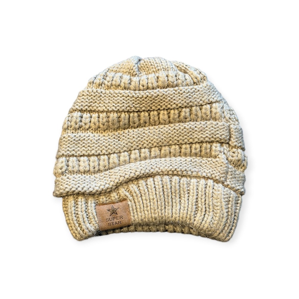 Super Star Cable Knit Beanie Tan Beige Chunky Ribbed Winter Hat Acrylic